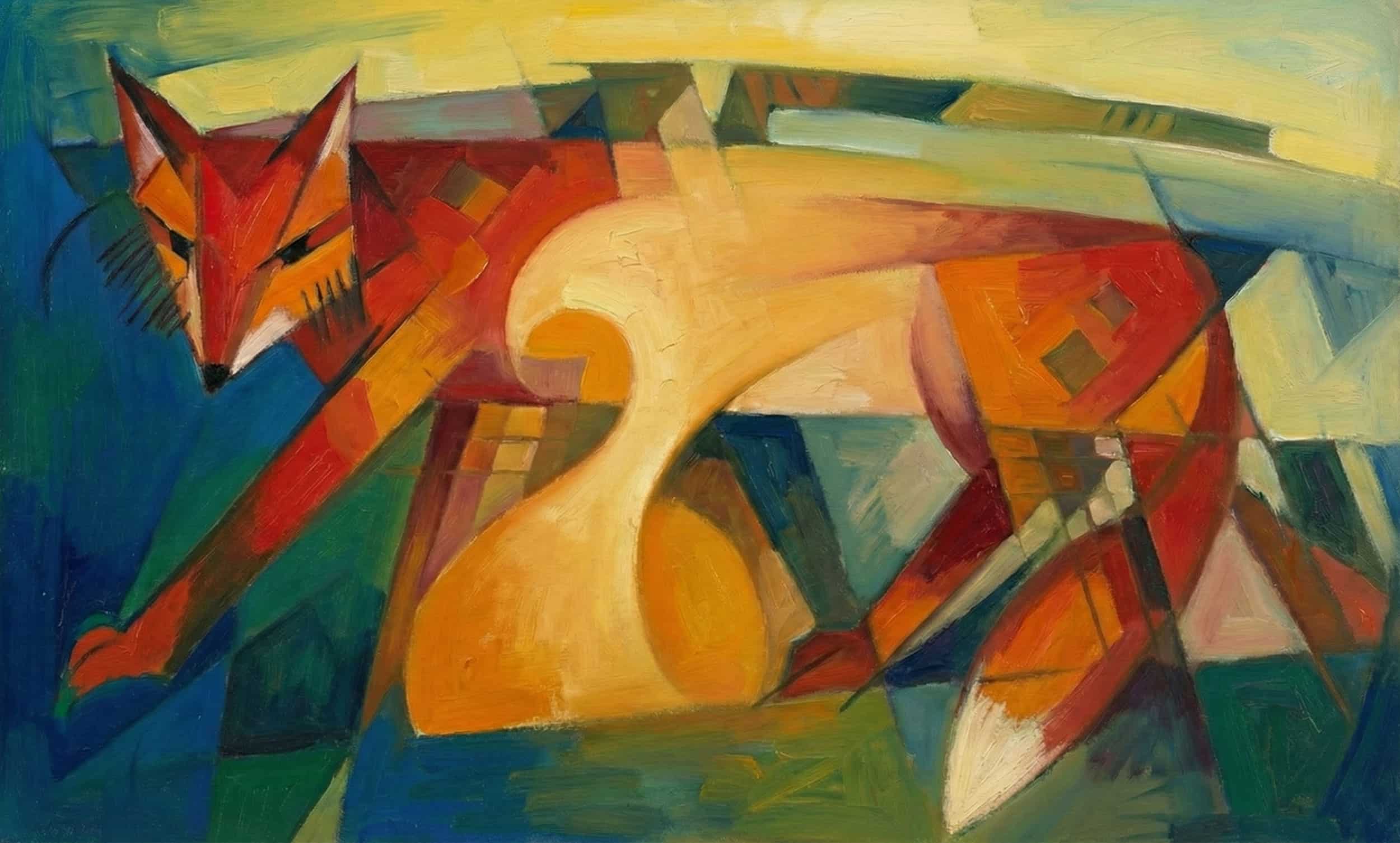 Comparison of Franz Marc Sketch No. 6: 2025 AI-restored digital original in vibrant orange and red.