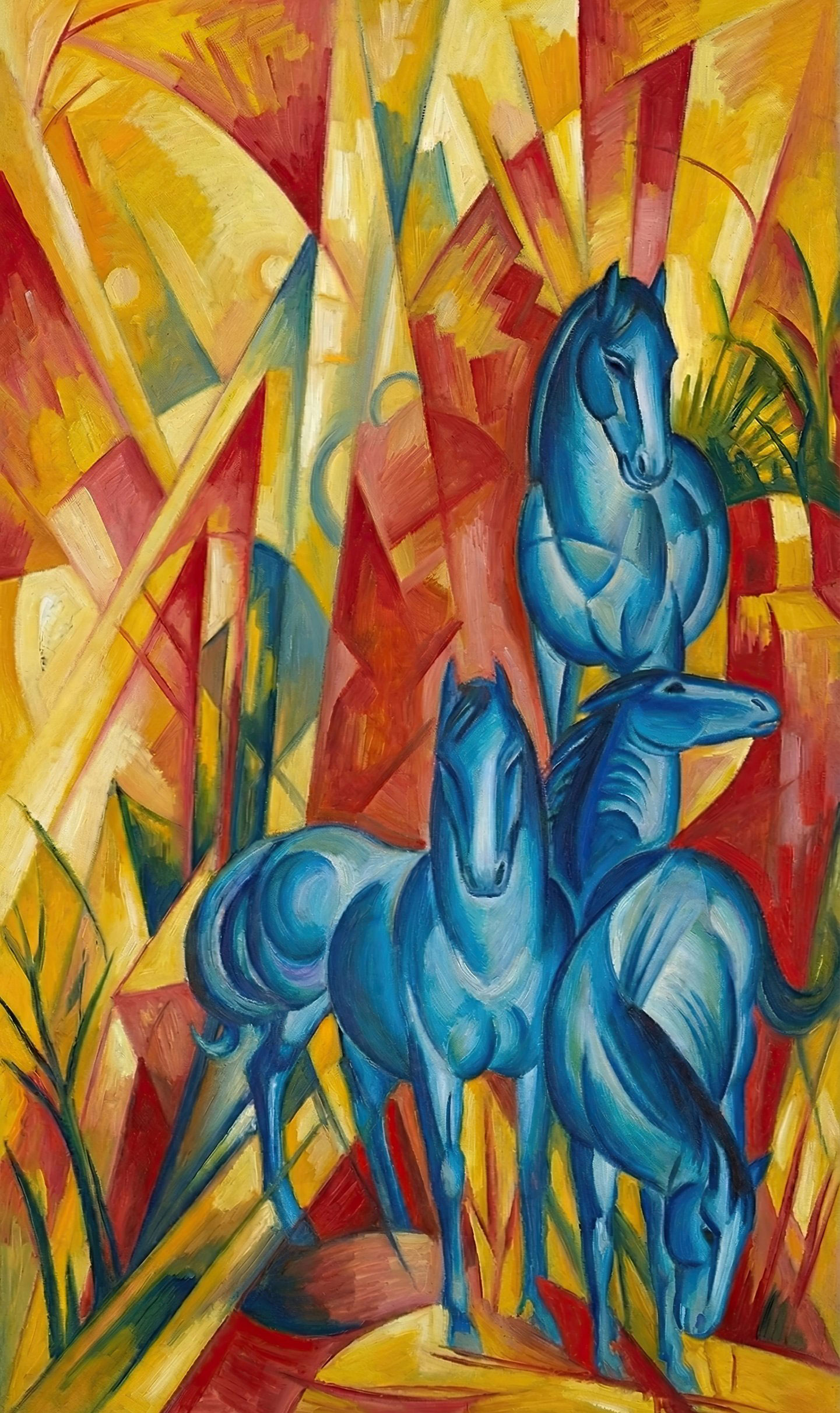 Four azure blue horses with yellow crystalline splinters, AI reconstruction of Sketch No. 30, Animal Metaphysics.