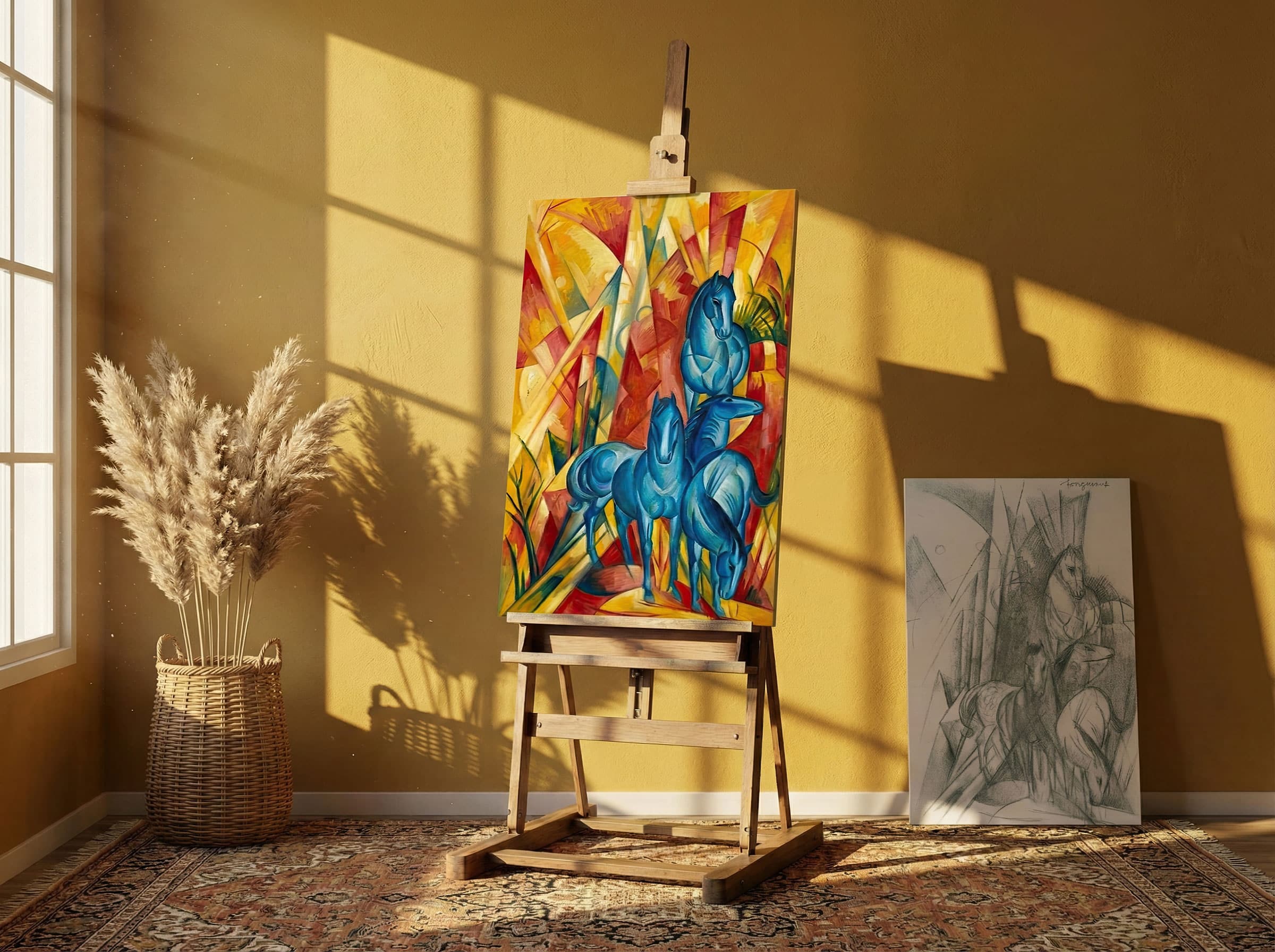 AI-restored digital original of Franz Marc's Sketch No. 30 "Group of 4 Horses" displayed on a wooden easel in a sunlit art studio alongside the original pencil drawing