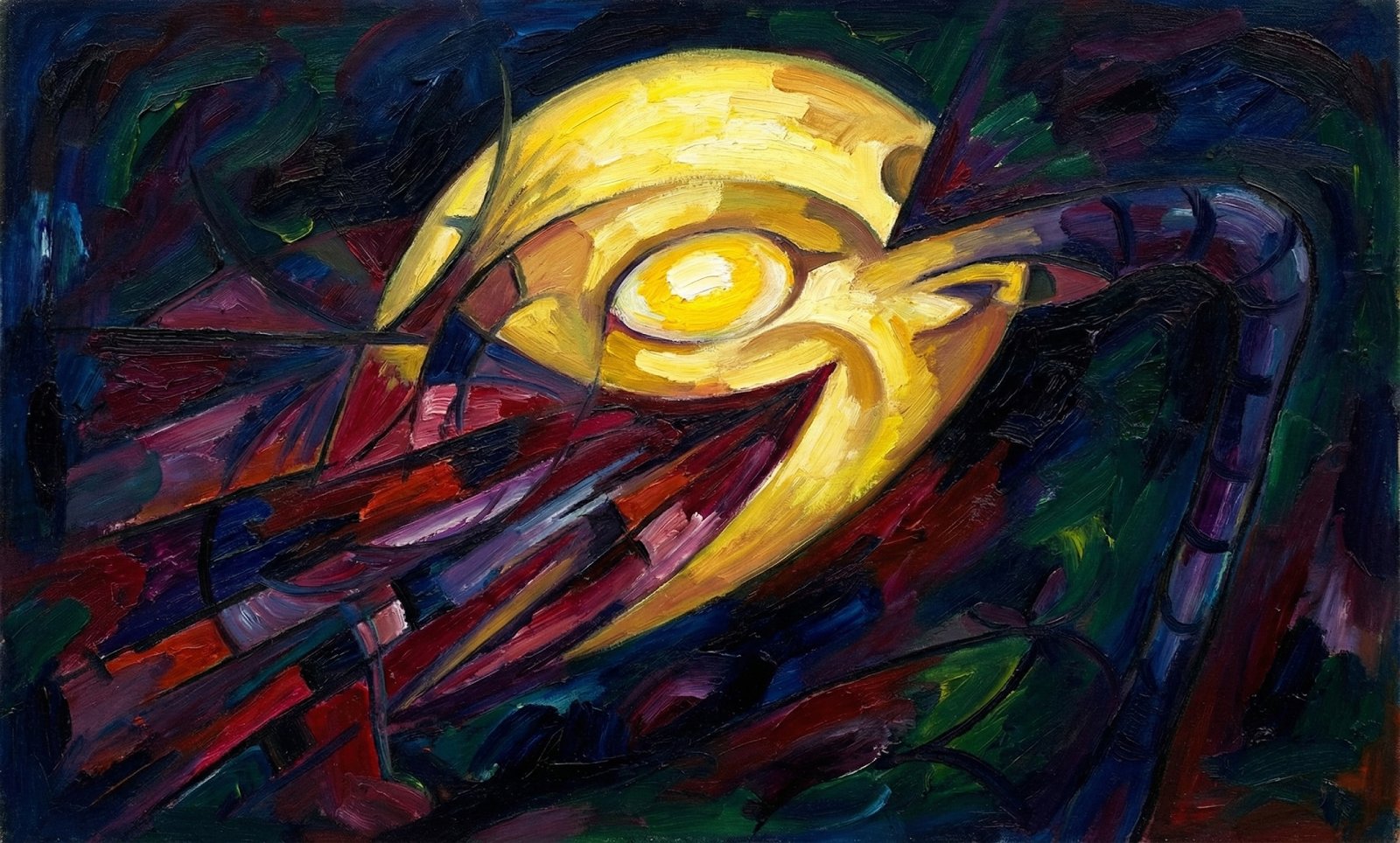 Yellow distorted moon with eye-like center and crimson bands, Sketch No. 10, Abstraction of War.