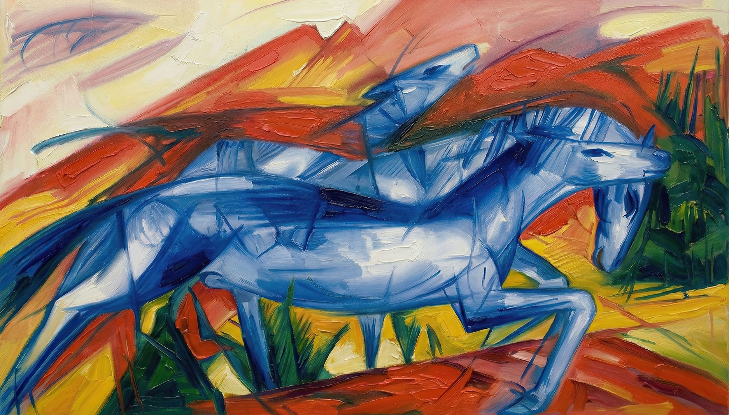 Dynamic blue horses chasing across a glowing landscape of red and yellow hills, Sketch No. 27.
