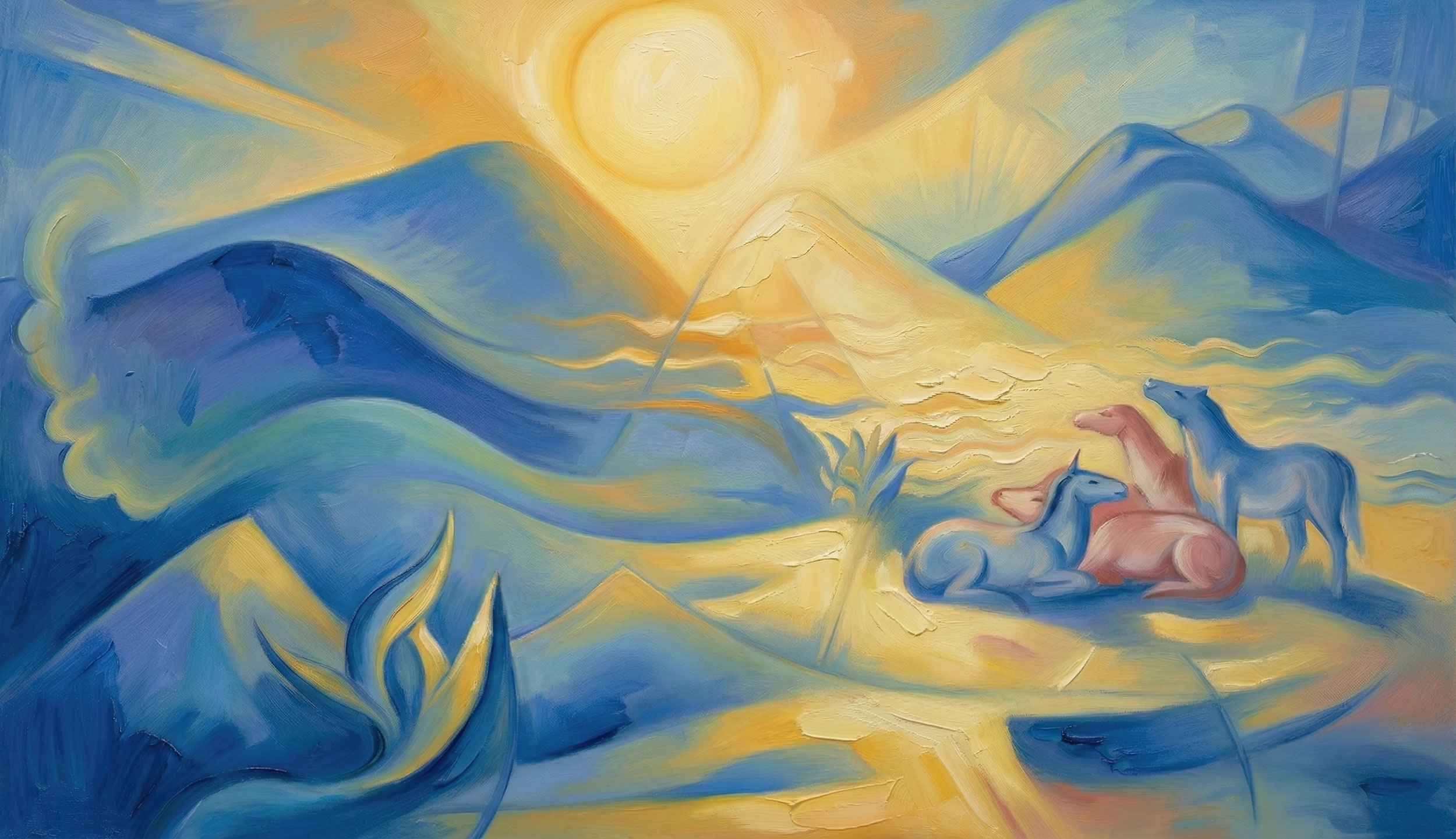 Radiant sun casting golden light on blue mountains and resting horses, Sketch No. 32, Creation.