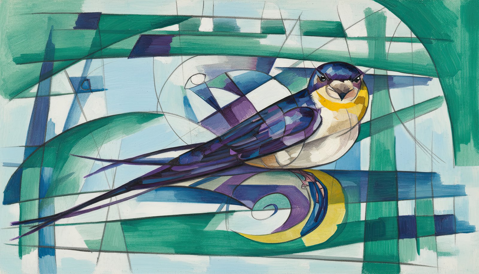 Stylized violet and blue swallow within a green geometric grid, Sketch No. 31, Animal Metaphysics.