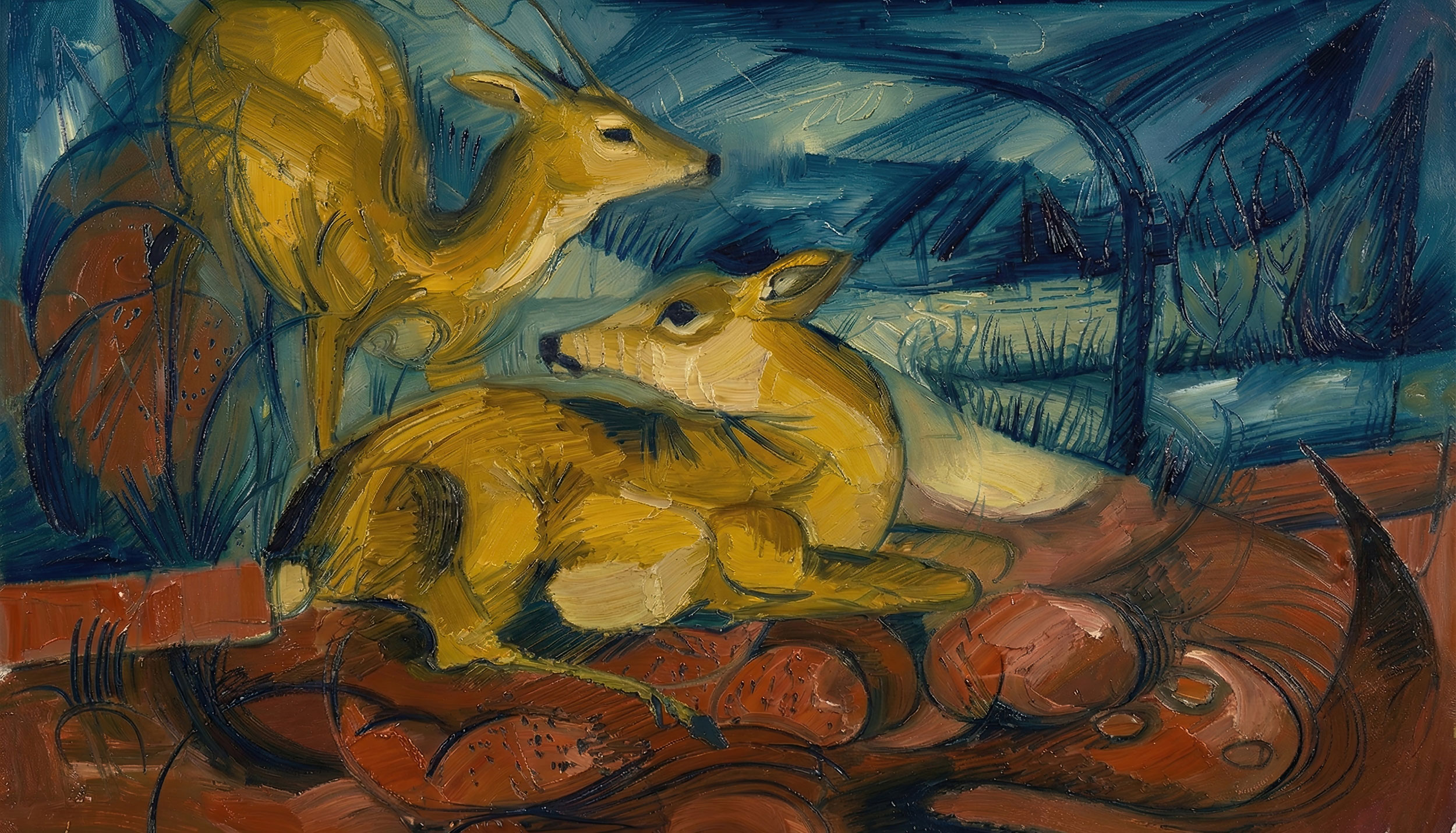 Two golden-yellow deer in a moment of silent familiarity, swirling blue background, Sketch No. 25.