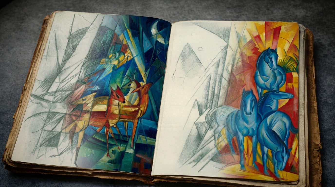 Franz Marc 1915 field sketch colorized by AI – The 37th Sketch restoration process