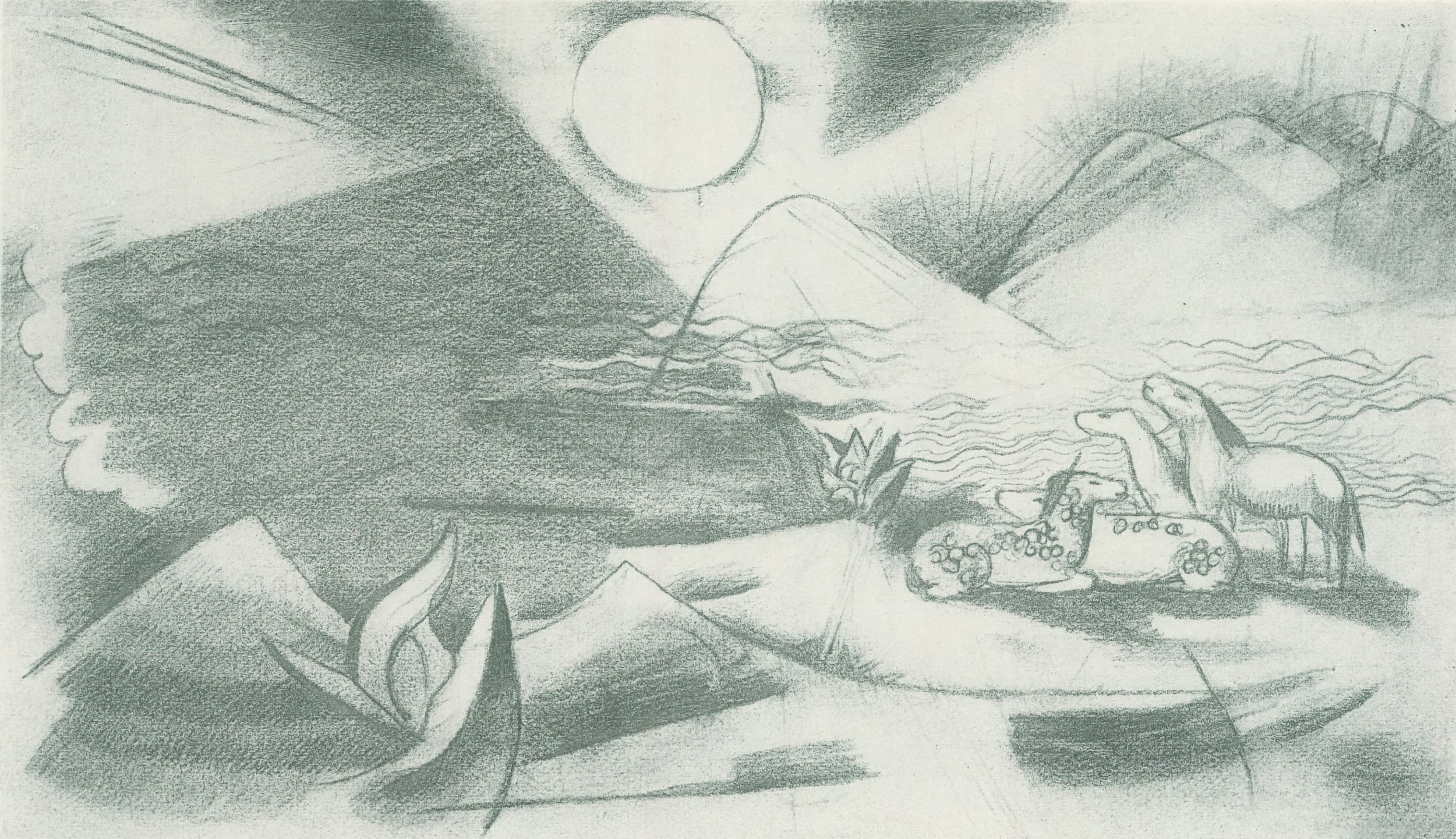 Franz Marc Sketch #32 Landscape with Sun Mountains and Horses – original 1915 pencil sketch from Skizzenbuch aus dem Felde